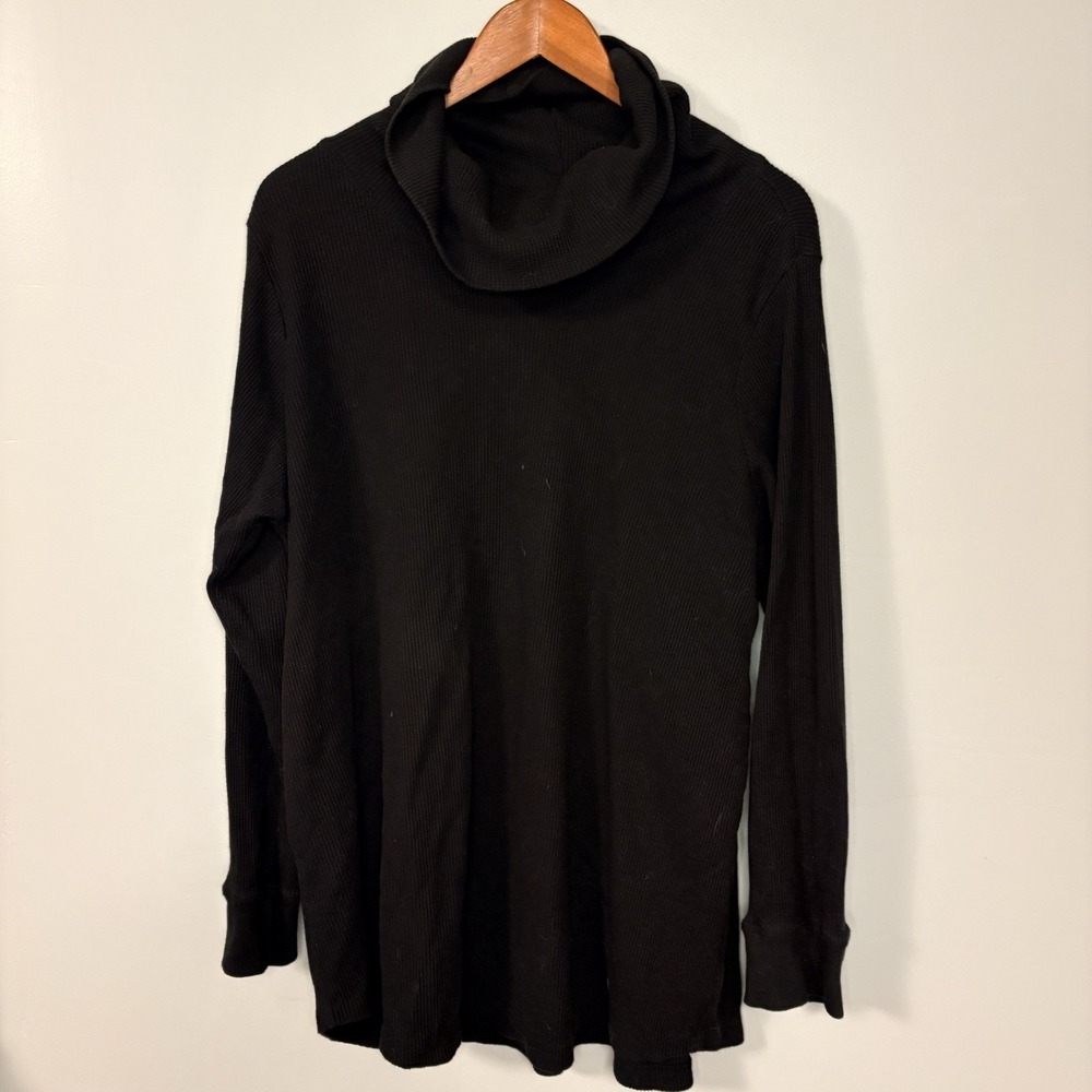 Woman Within Black Waffle Knit Top Size 1x Cowl Neck Side Slits Athleisure
